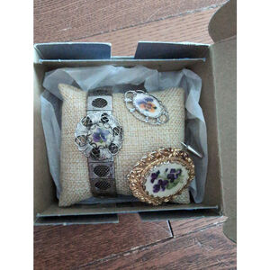 Vintage Petit Point Brooch Pins and Bracelet Handmade By Floral Porcelain Artist